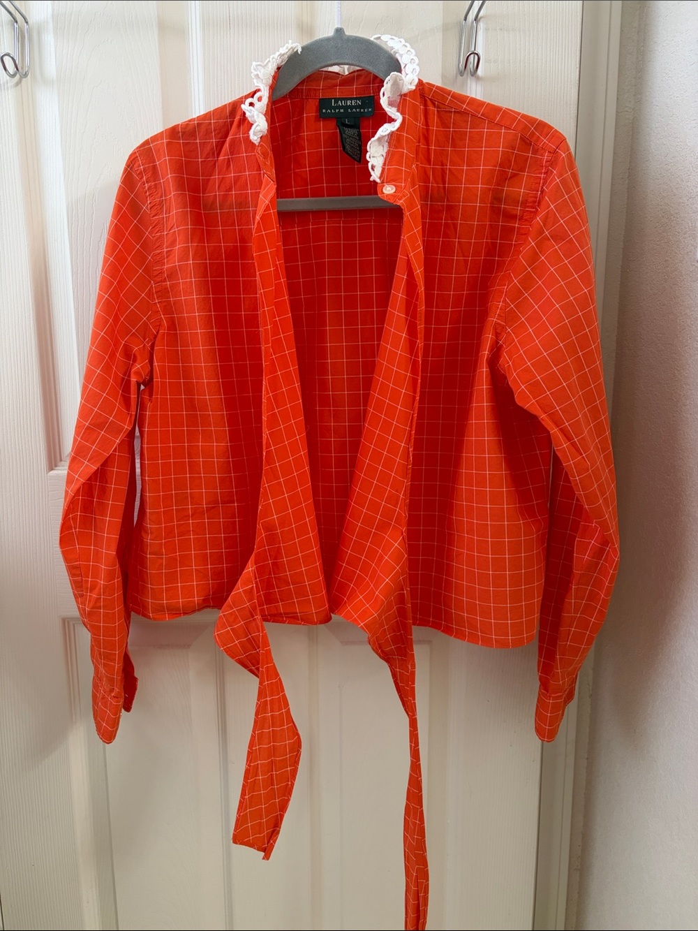 Lauren Ralph Lauren Orange Windowpane Tie-Front Blouse